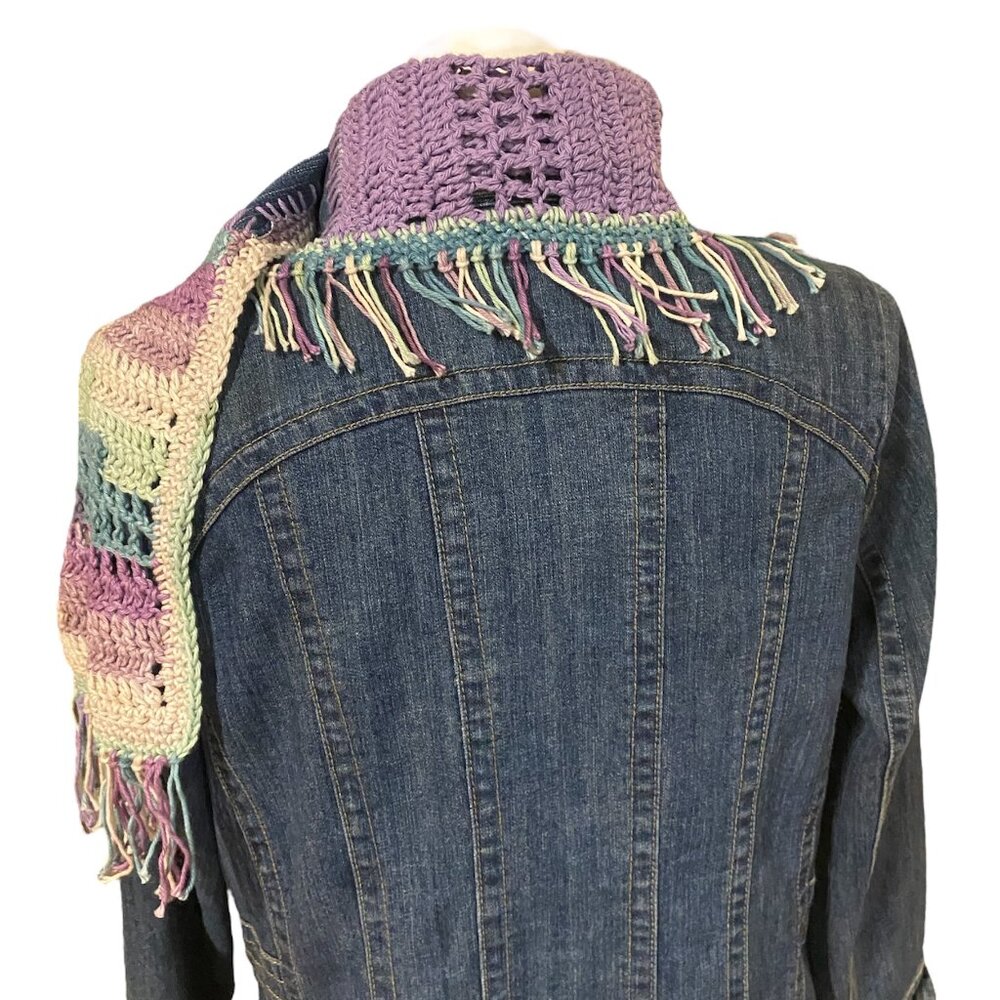 Upcycled Denim and Cotton Yarn Scarf, BOHO, Hippie, One of a Kind Scarf - Picture 6 of 6